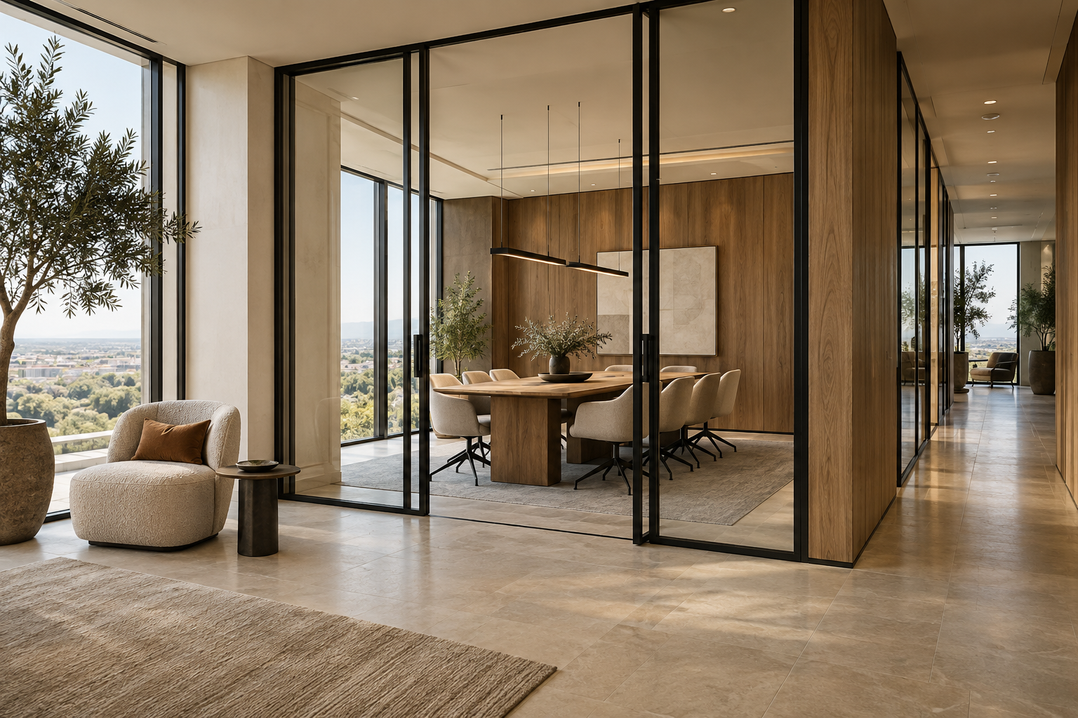 Espacio de oficina contemporáneo con madera y divisiones de vidrio, imagen conceptual