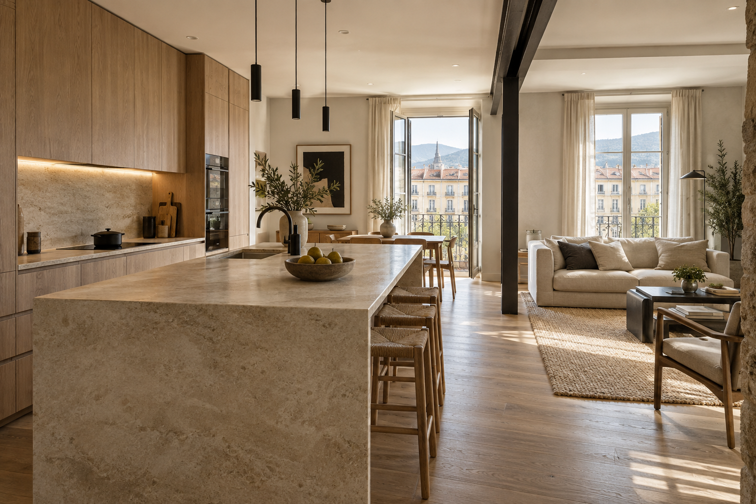 Vivienda contemporánea con cocina de piedra y carpintería de roble, imagen conceptual
